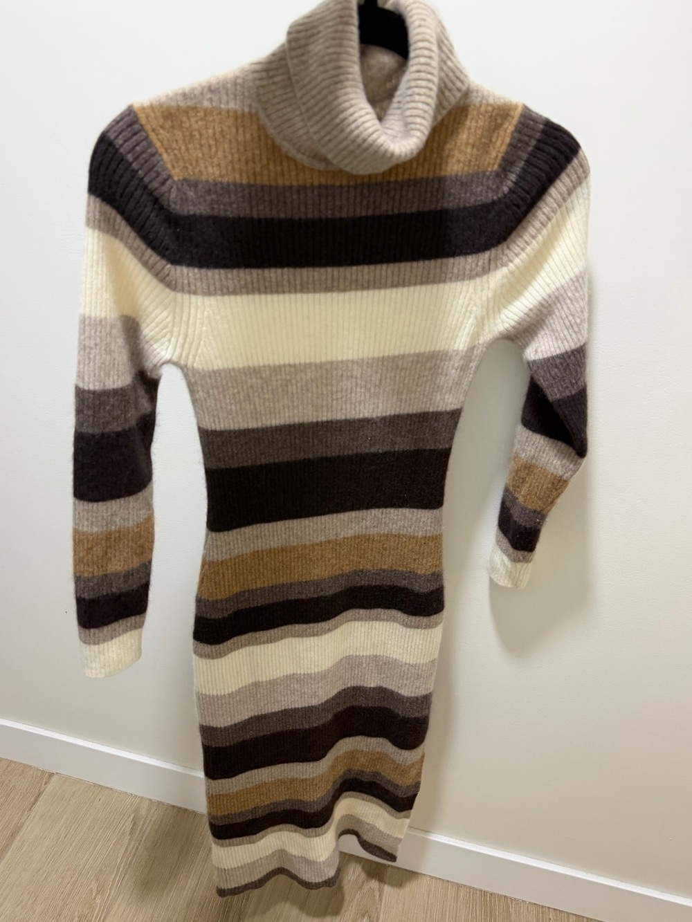 Cashmere Turtleneck Striped Knit Sweater Dress - Cream & Brown